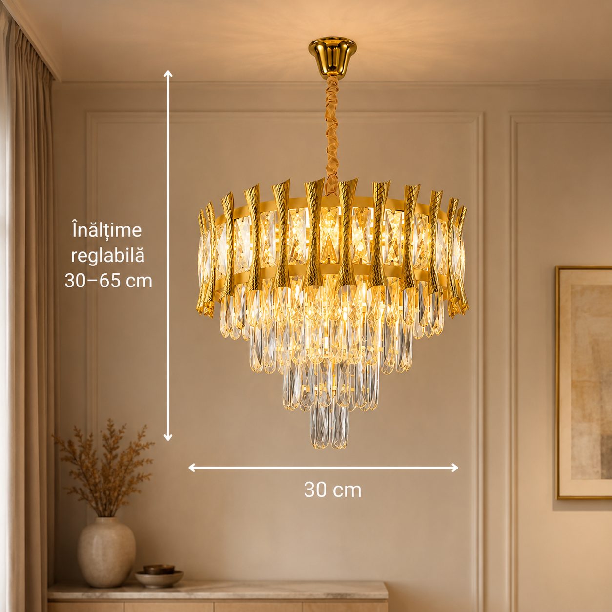 Candelabru Cristal HAMPTON Petito 3xE14, Diametru 30cm, Auriu Lucios, Inaltime Reglabila 3