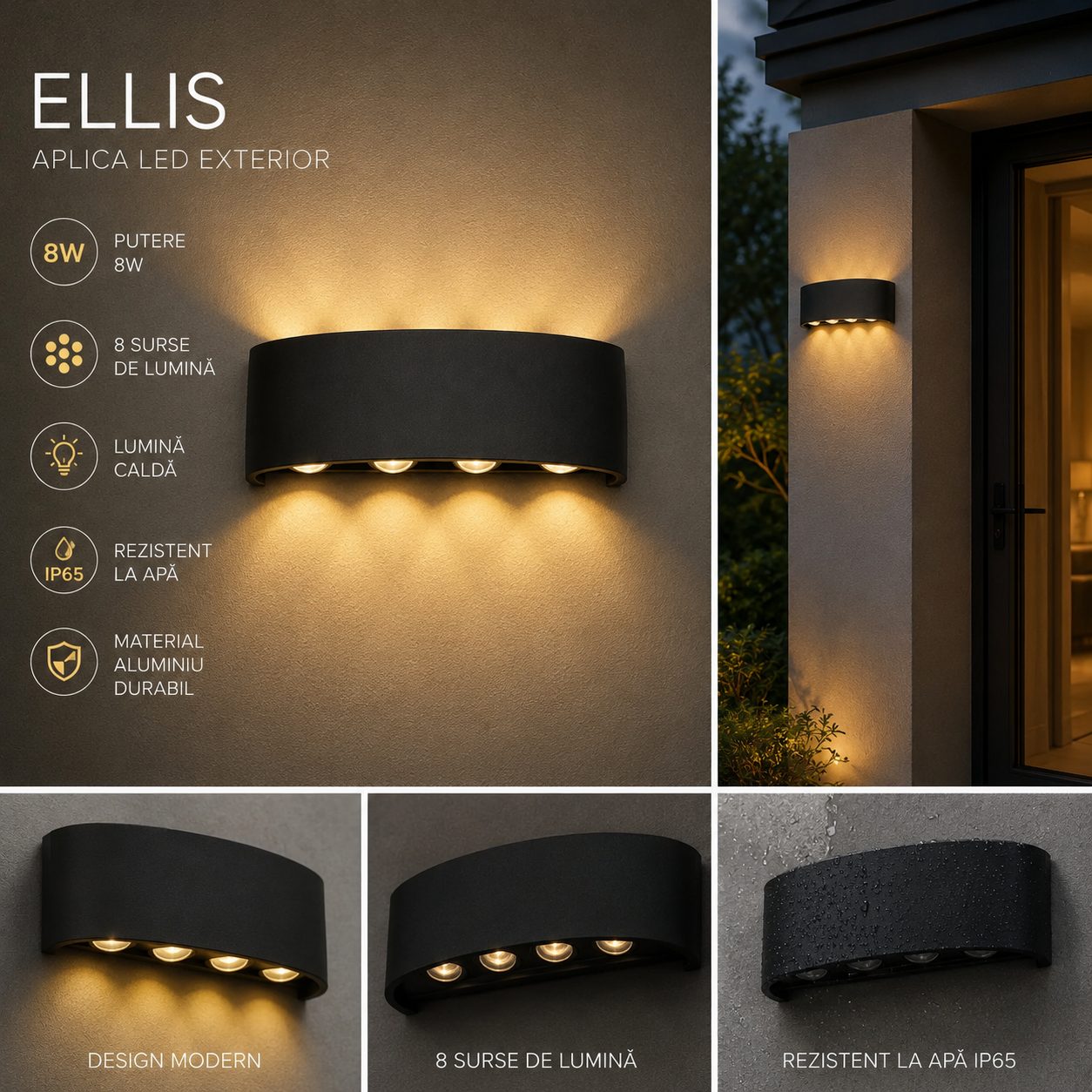 Aplica LED Exterior Ellis, 8W, 8 Surse de lumina, Lumina Calda, 21x7.8x4.6 cm, Negru