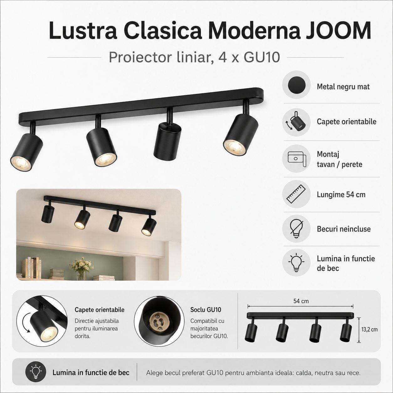 Lustra Clasica Moderna Joom, , Proiector Liniar cu 4 Spoturi Orientabile, Soclu GU10, Metal Negru Mat, 54 cm, Becuri Neincluse 2