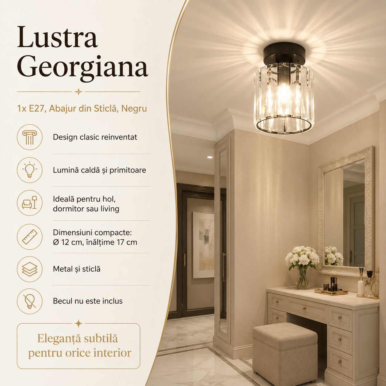 Lustra Clasica, , Model Georgiana, 1 Sursa E27, Metal si Sticla, Abajur din Sticla, Negru 3