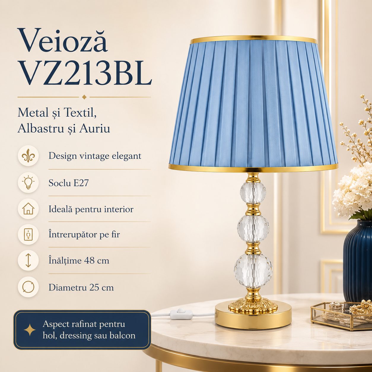 Veioza Decorativa VZ213BL, , Soclu E27, Abajur Textil Albastru, Baza Metalica Aurie cu Decor Cristalin, Intrerupator pe Fir, Albastru/Auriu 4