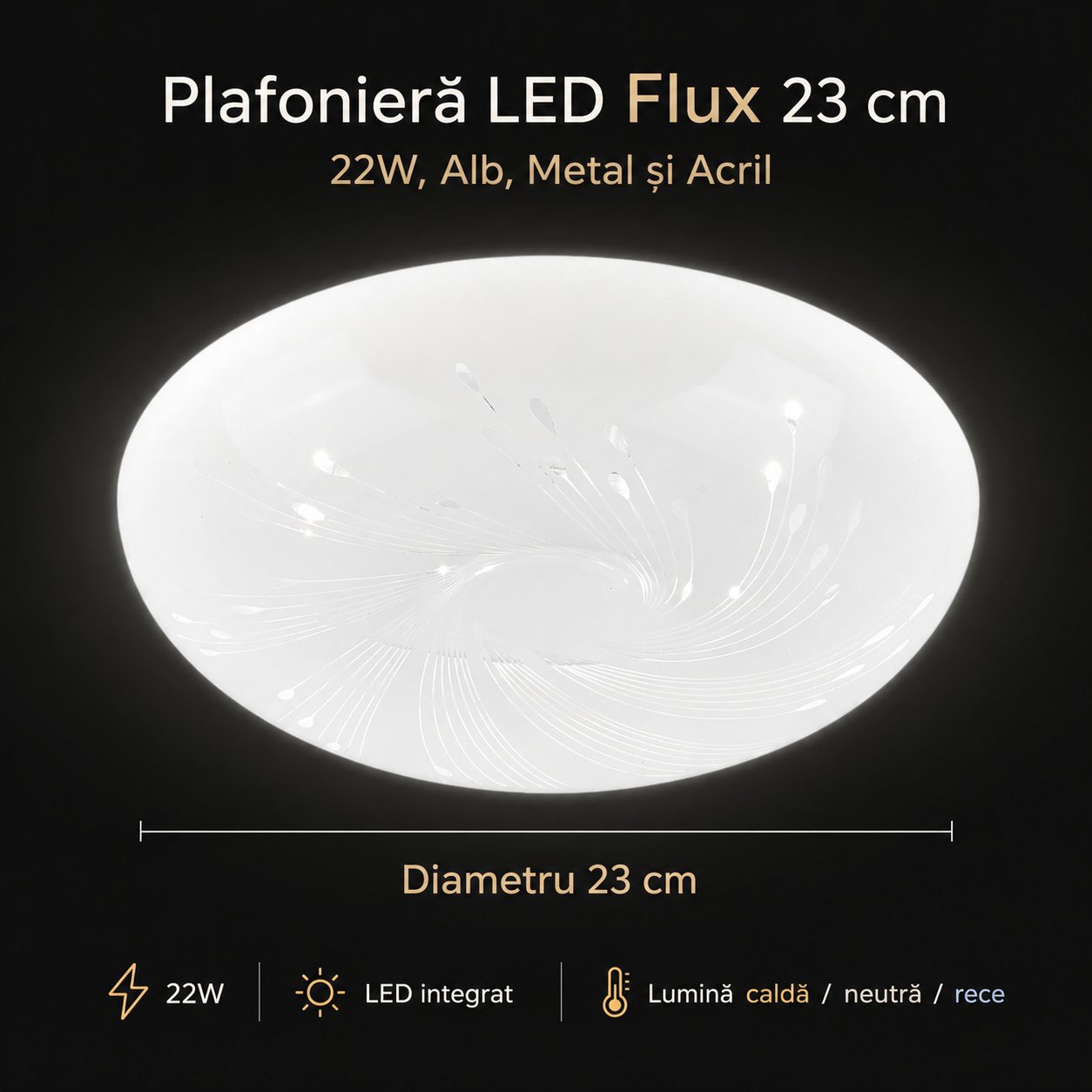 Plafoniera LED Flux, , 22W, Diametru 23 cm, Lumina Calda/Neutra/Rece, 3000K/4000K/6000K, Metal si Acril, Alb 5