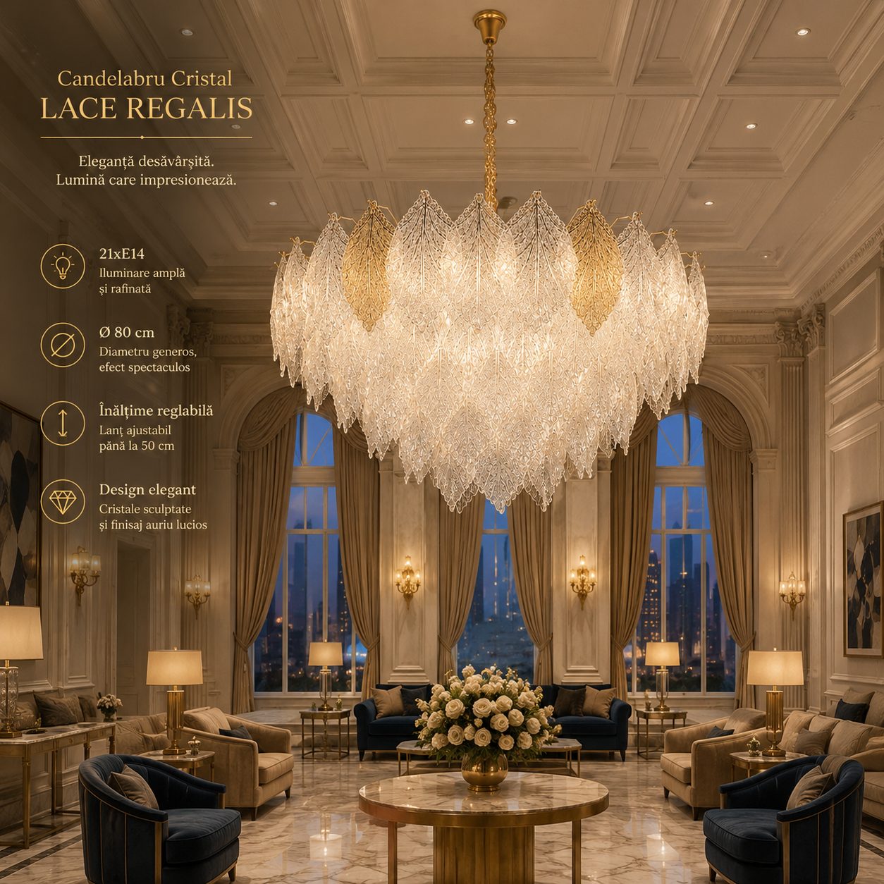 Candelabru Cristal Lace Regalis, , 21xE14, Diametru 80 cm, Inaltime 49 cm, Inaltime Reglabila, Auriu Lucios 2