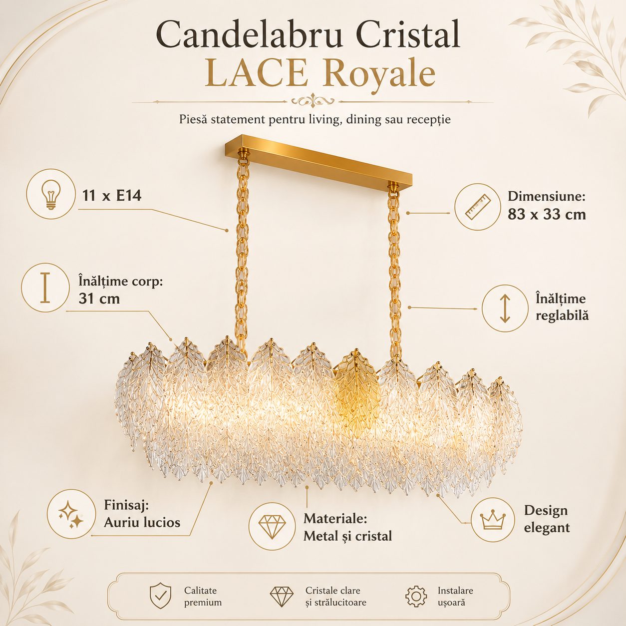 Candelabru Cristal LACE Royale 11xE14, Dimensiune 83x33 cm, Inaltime 31 cm, Auriu Lucios, Inaltime Reglabila, Design Elegant 4