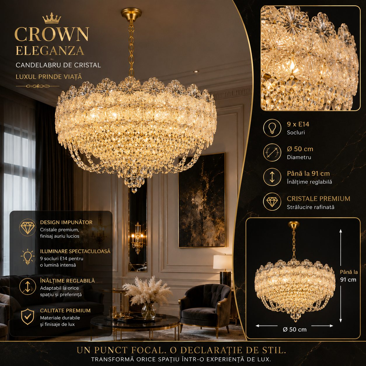 Candelabru Cristal CROWN Eleganza 9xE14, Diametru 50cm, Inaltime 41cm, Auriu Lucios, Inaltime Reglabila, Design Elegant 2
