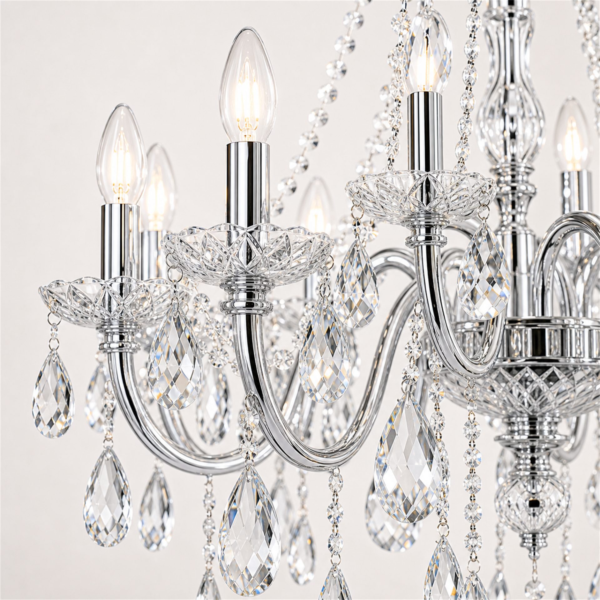 Candelabru Cristal PROWES Regalis, 14xE14, D80 cm, Crom Lucios, Inaltime Reglabila, Metal si Cristal