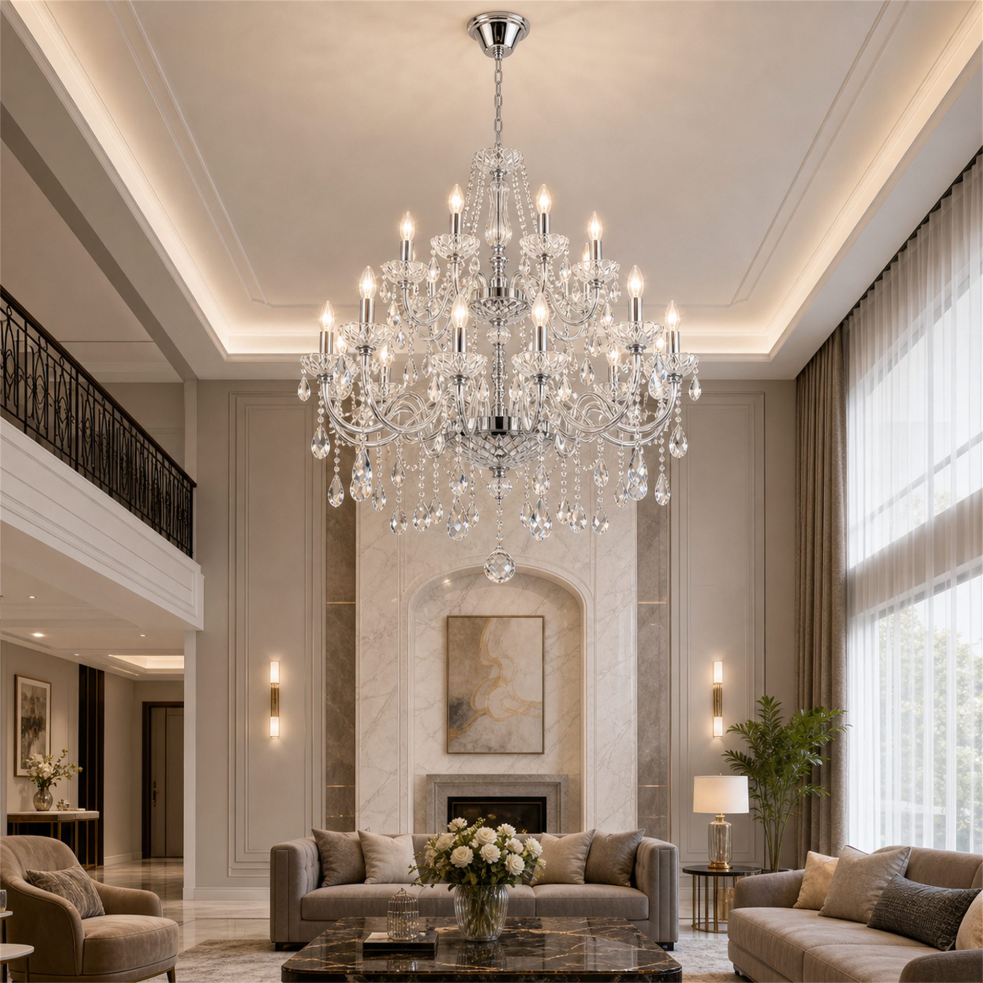 Candelabru Cristal PROWES Regalis, 14xE14, D80 cm, Crom Lucios, Inaltime Reglabila, Metal si Cristal