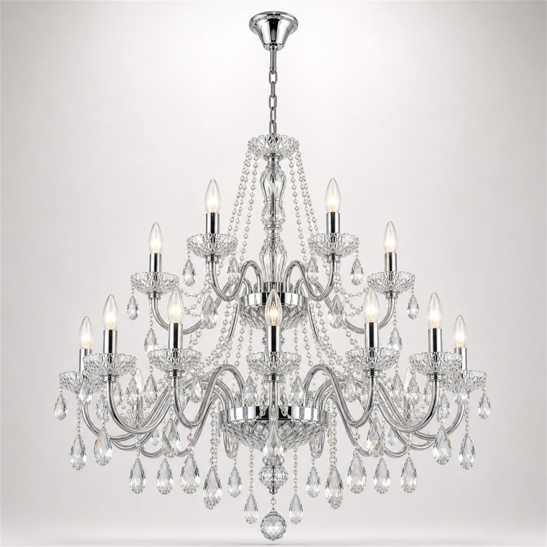 Candelabru Cristal PROWES Regalis, 14xE14, D80 cm, Crom Lucios, Inaltime Reglabila, Metal si Cristal