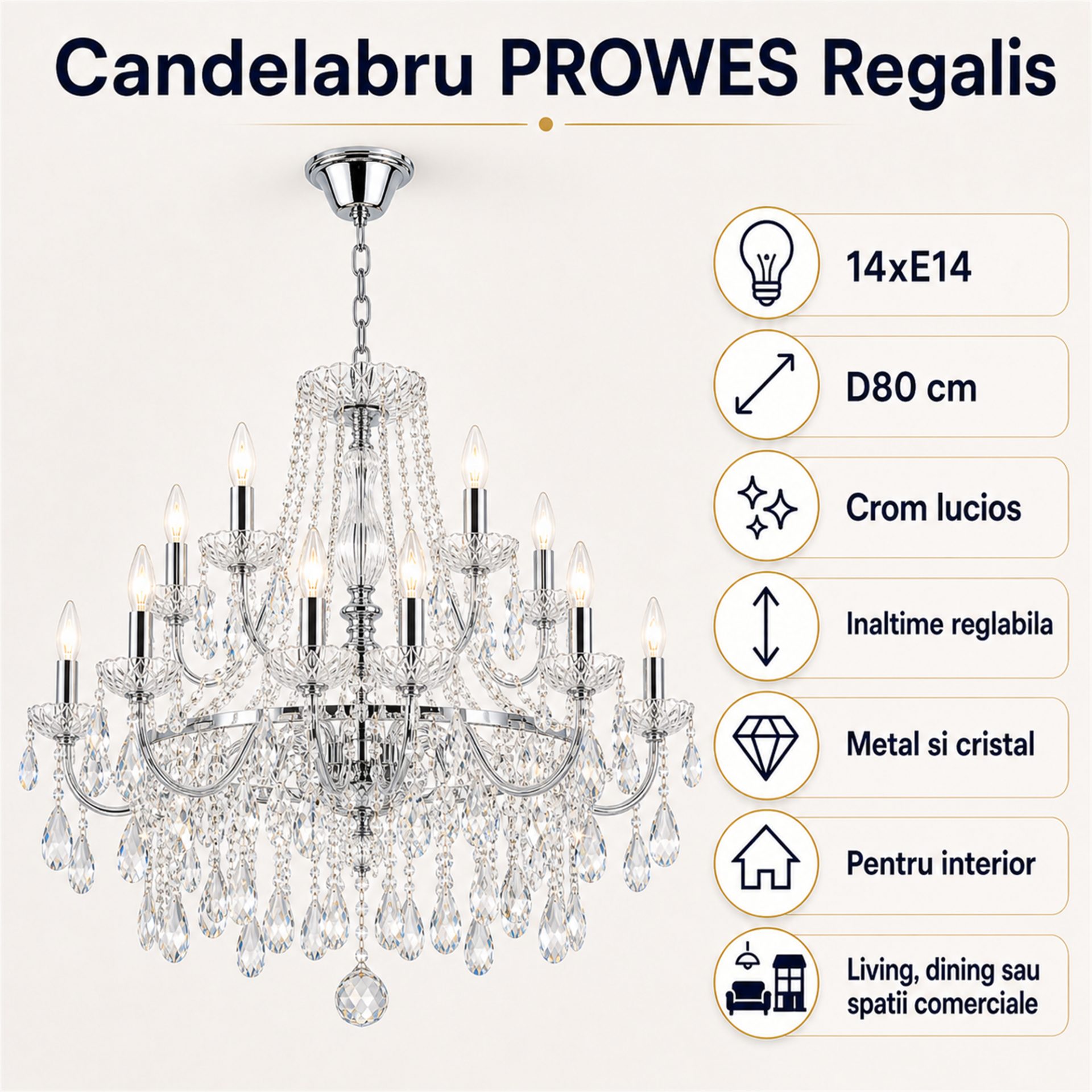 Candelabru Cristal PROWES Regalis, 14xE14, D80 cm, Crom Lucios, Inaltime Reglabila, Metal si Cristal