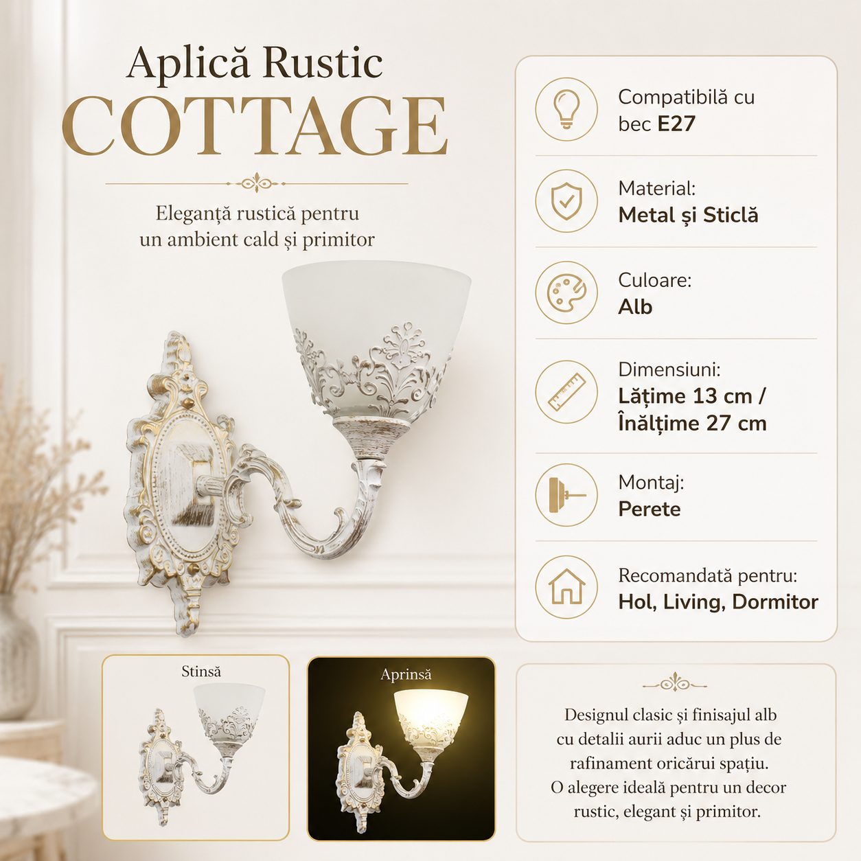 Aplica Interior, , 1 Sursa E27, Abajur din Sticla, Montaj pe Perete, Alb 2