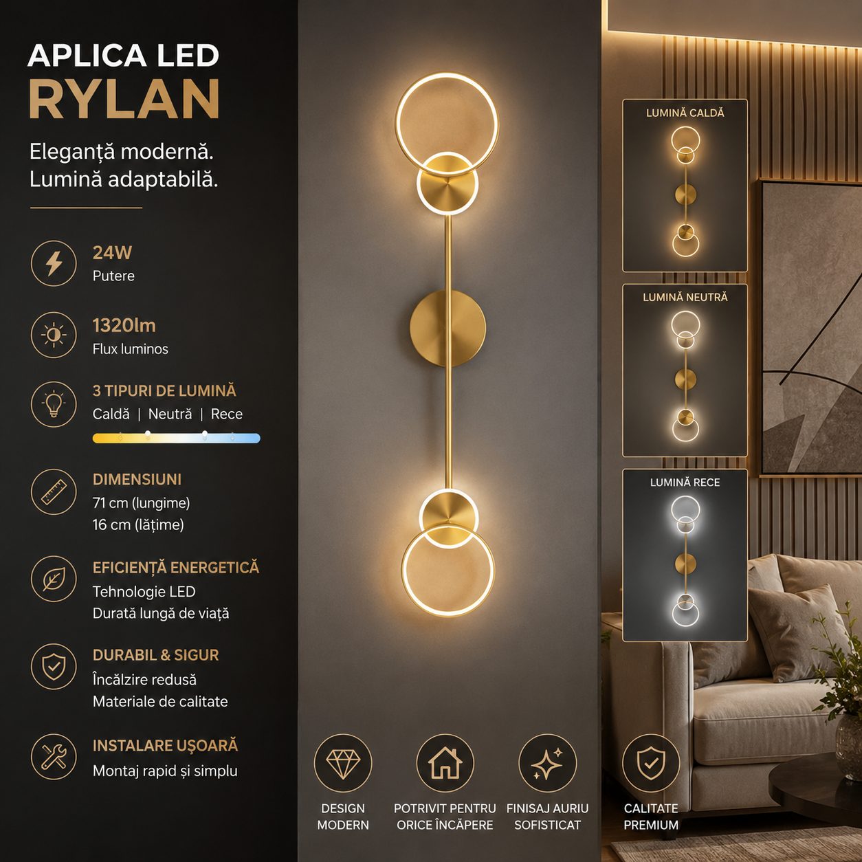 Aplica LED Rylan 24W Auriu 2