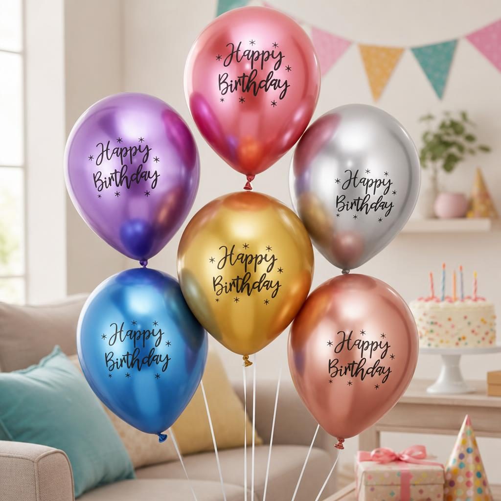 Baloane din Latex Metal Cromat, Flippy, set din 10 Baloane, Cu Decoratiuni Printate HAPPY BIRTHDAY, Pentru Petrecere Auriu Argintiu Albastru Rosu Mov, Set Multicolor