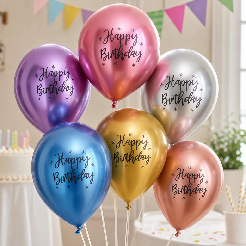 Baloane din Latex Metal Cromat, Flippy, set din 10 Baloane, Cu Decoratiuni Printate HAPPY BIRTHDAY, Pentru Petrecere Auriu Argintiu Albastru Rosu Mov, Set Multicolor