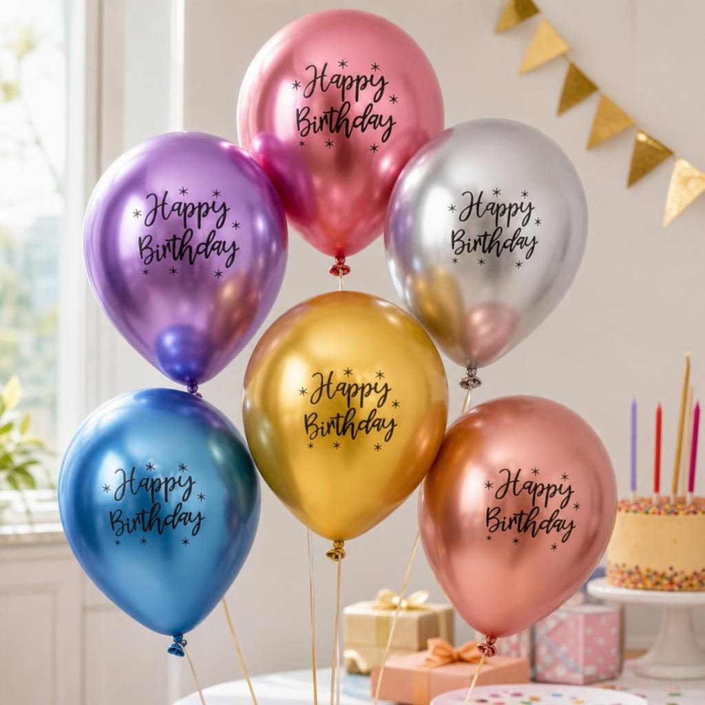 Baloane din Latex Metal Cromat, Flippy, set din 10 Baloane, Cu Decoratiuni Printate HAPPY BIRTHDAY, Pentru Petrecere Auriu Argintiu Albastru Rosu Mov, Set Multicolor