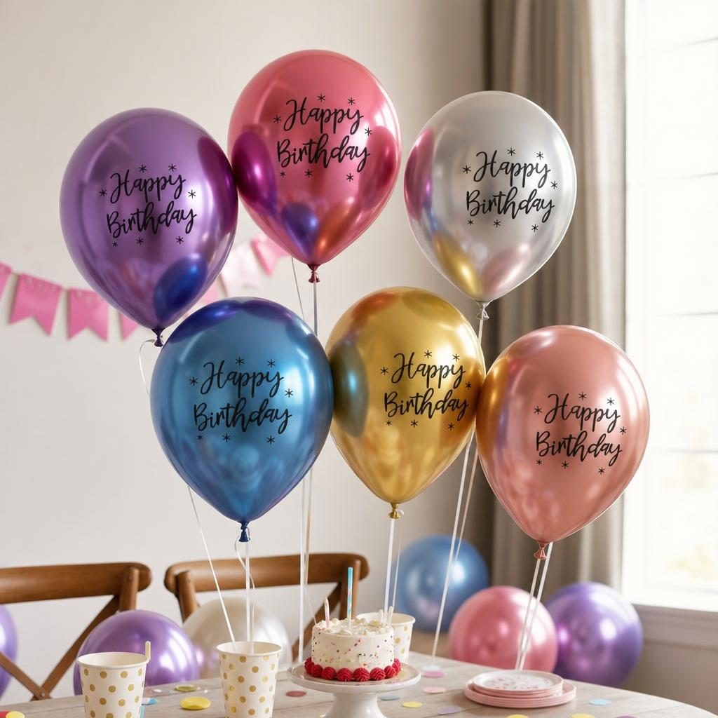Baloane din Latex Metal Cromat, Flippy, set din 10 Baloane, Cu Decoratiuni Printate HAPPY BIRTHDAY, Pentru Petrecere Auriu Argintiu Albastru Rosu Mov, Set Multicolor