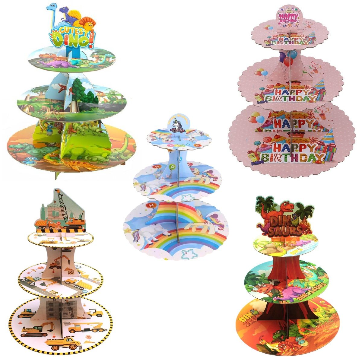 Etajera pentru Prajituri, TOPinStock, din Carton, 3 Nivele, 16/22/29 cm Diametru, Inaltime 38 cm, cu Tematica - Imagine