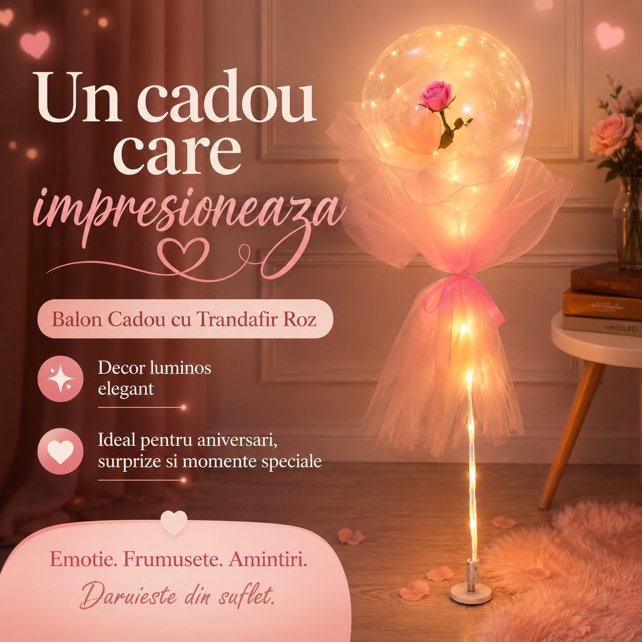 Balon Cadou cu Trandafir Roz, , Tip Popo Ball 22 inch, Tulle si Cartonas Roz, Decor Luminos, Roz 3