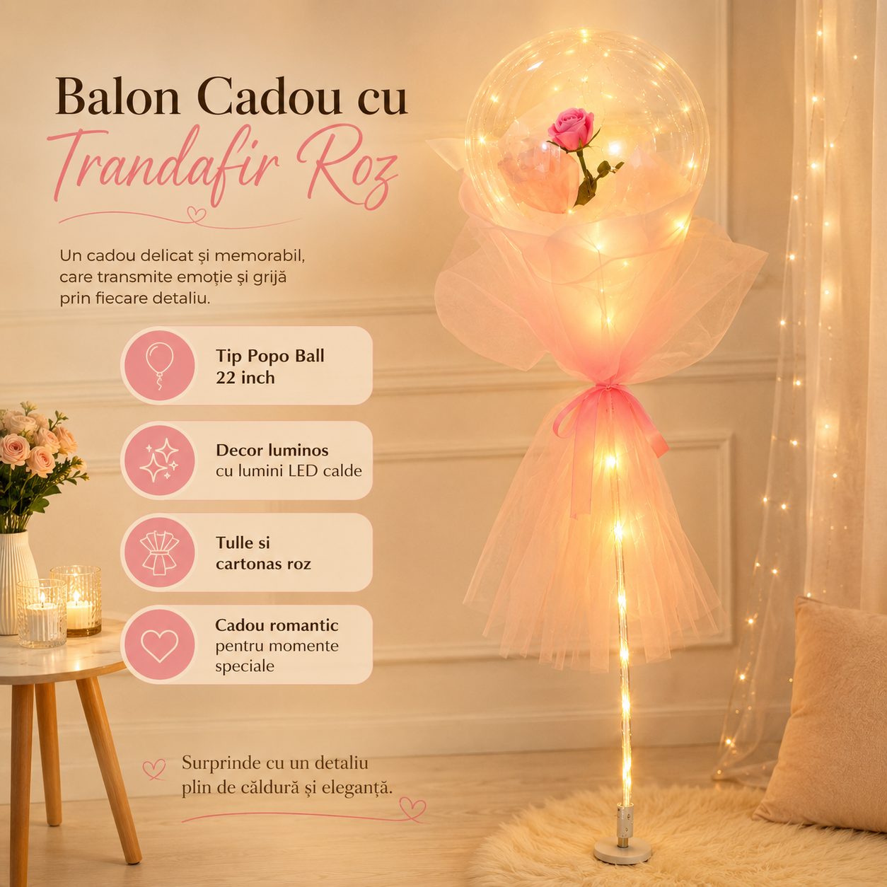 Balon Cadou cu Trandafir Roz, , Tip Popo Ball 22 inch, Tulle si Cartonas Roz, Decor Luminos, Roz 2