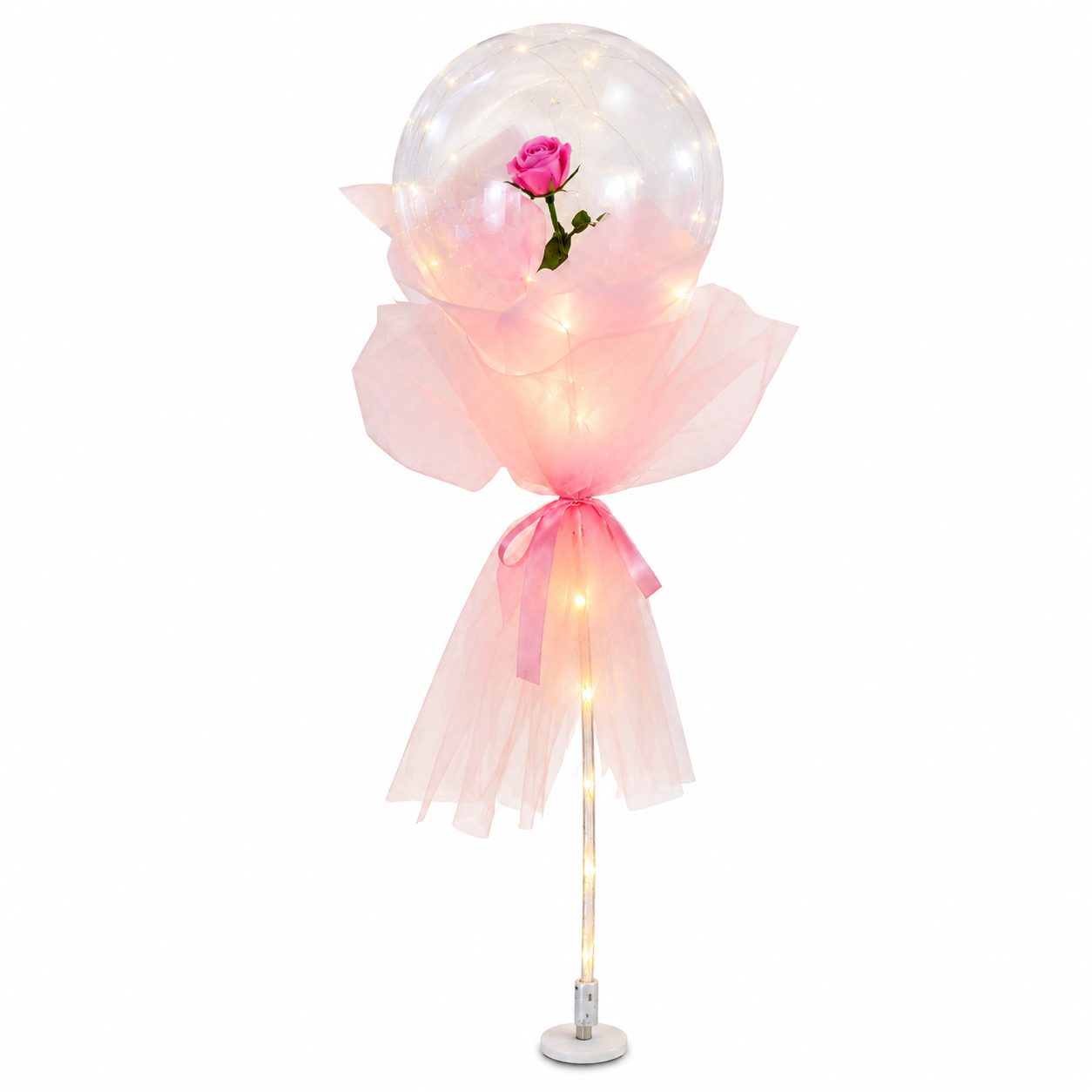 Balon Cadou cu Trandafir Roz, , Tip Popo Ball 22 inch, Tulle si Cartonas Roz, Decor Luminos, Roz 1