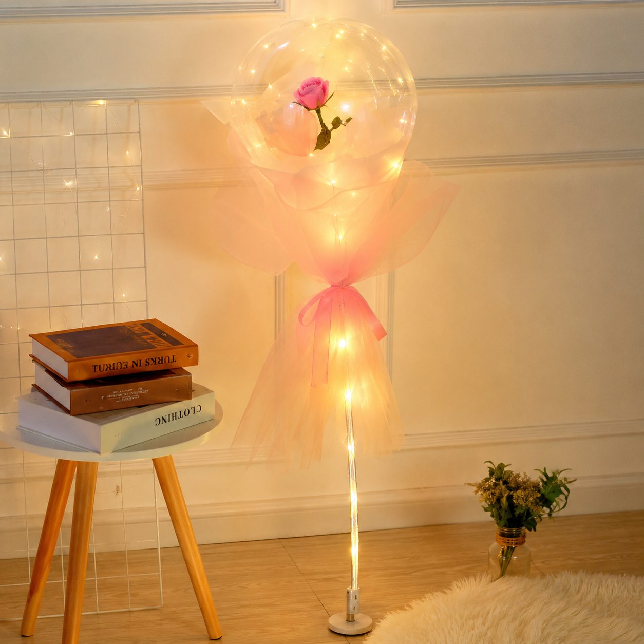 Balon Cadou cu Trandafir Roz, , Tip Popo Ball 22 inch, Tulle si Cartonas Roz, Decor Luminos, Roz 4