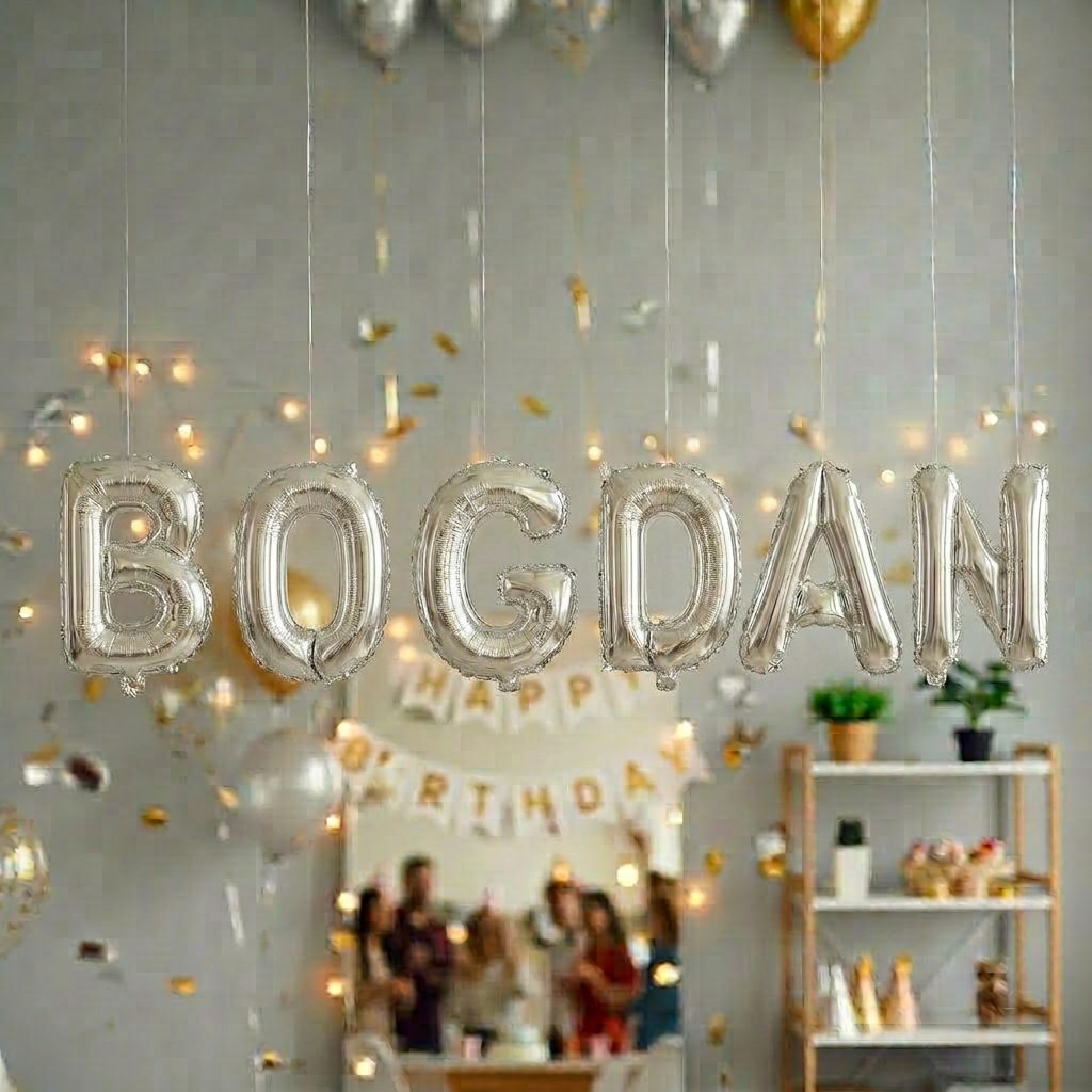 Baloane Folie Metalizate, , Set BOGDAN, Heliu sau Aer, Pai inclus, 40 cm, Argintiu