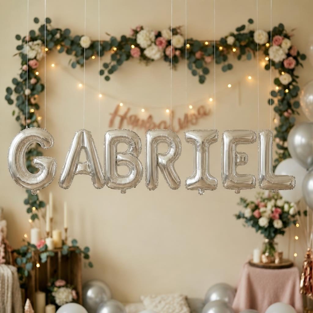 Baloane Folie Metalizate, , Set GABRIEL, Heliu sau Aer, Pai inclus, 40 cm, Argintiu 2