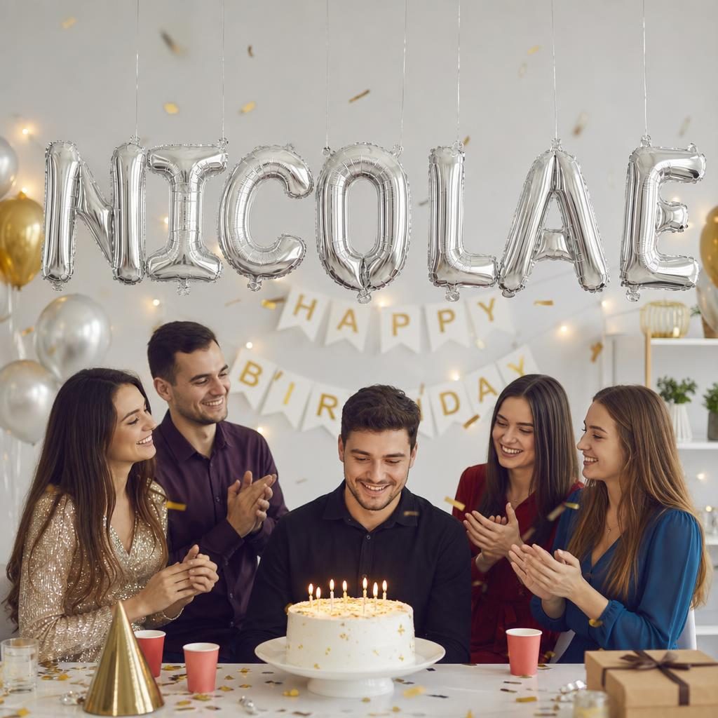 Baloane Folie Metalizate, , Set NICOLAE, Heliu sau Aer, Pai inclus, 40 cm, Argintiu 2