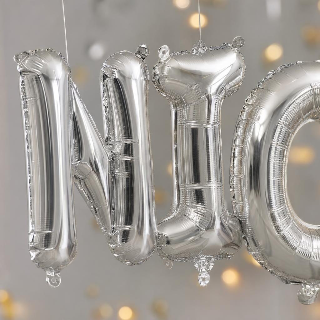 Baloane Folie Metalizate, , Set NICOLAE, Heliu sau Aer, Pai inclus, 40 cm, Argintiu 3
