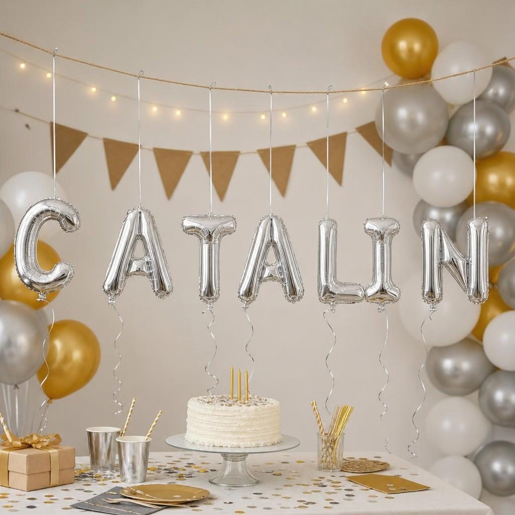 Baloane Folie Metalizate, , Set CATALIN, Heliu sau Aer, Pai inclus, 40 cm, Argintiu 2