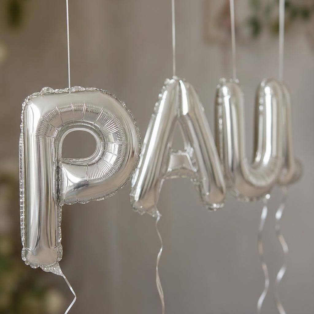 Baloane Folie Metalizate, , Set PAUL, Heliu sau Aer, Pai inclus, 40 cm, Argintiu 3