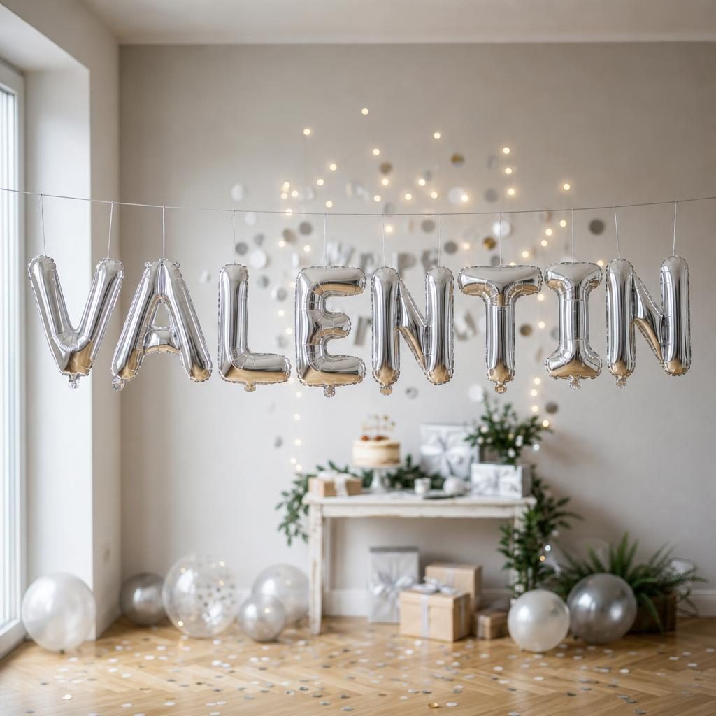 Baloane Folie Metalizate, , Set VALENTIN, Heliu sau Aer, Pai inclus, 40 cm, Argintiu 2