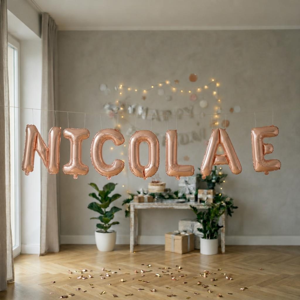 Baloane Folie Metalizate, , Set NICOLAE, Heliu sau Aer, Pai inclus, 40 cm, Rose Gold 2