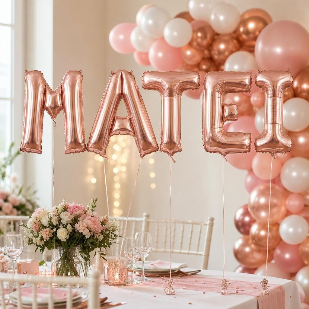 Baloane Folie Metalizate, , Set MATEI, Heliu sau Aer, Pai inclus, 40 cm, Rose Gold 2