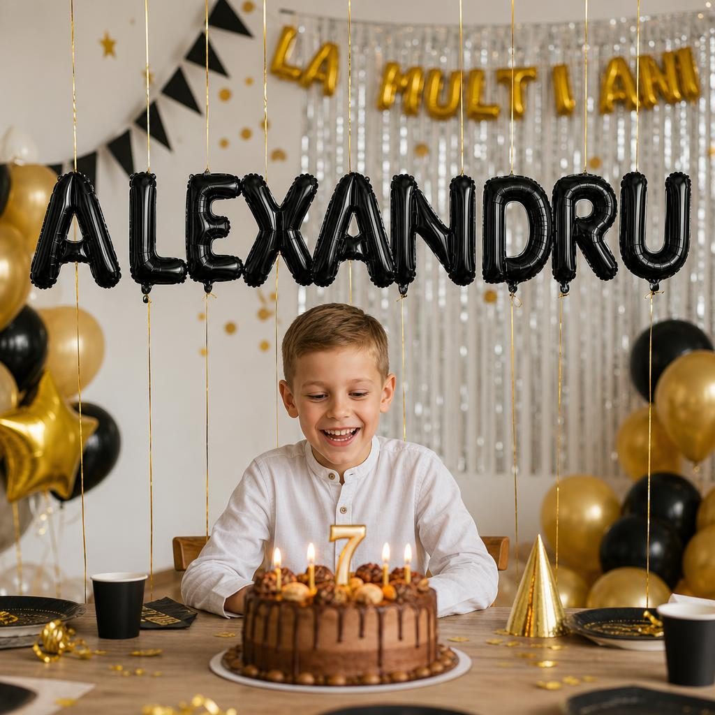 Baloane Folie Metalizate, , Set ALEXANDRU, Heliu sau Aer, Pai inclus, 40 cm, Negru 2