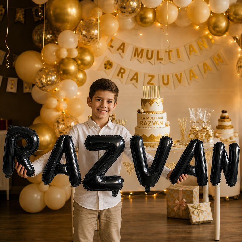 Baloane Folie Metalizate, , Set RAZVAN, Heliu sau Aer, Pai inclus, 40 cm, Negru 2