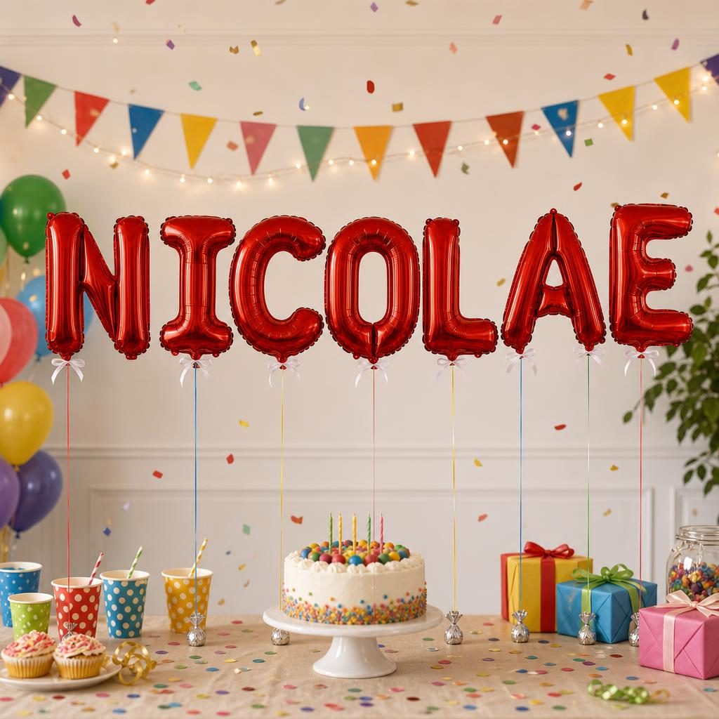 Baloane Folie Metalizate, , Set NICOLAE, Heliu sau Aer, Pai inclus, 40 cm, Rosu 2