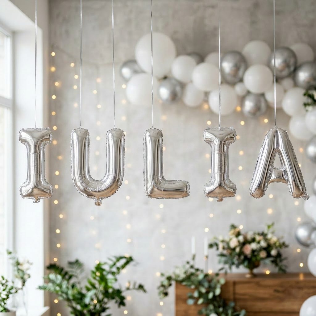 Baloane Folie Metalizate, , Set IULIA, Heliu sau Aer, Pai inclus, 40 cm, Argintiu