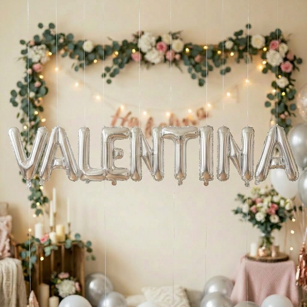 Baloane Folie Metalizate, , Set VALENTINA, Heliu sau Aer, Pai inclus, 40 cm, Argintiu