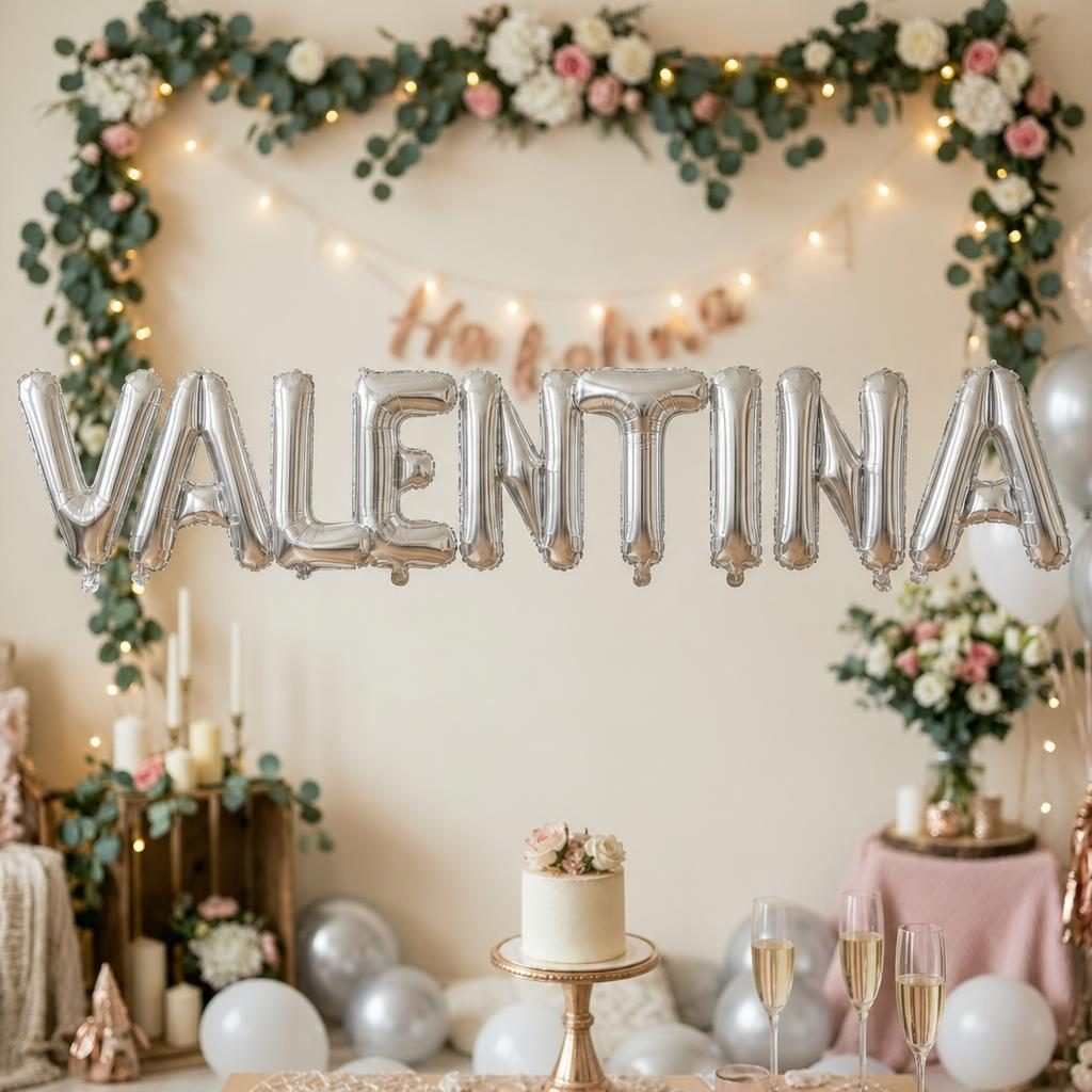 Baloane Folie Metalizate, , Set VALENTINA, Heliu sau Aer, Pai inclus, 40 cm, Argintiu 2