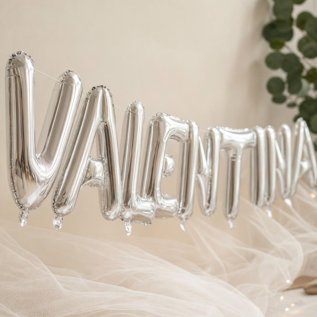 Baloane Folie Metalizate, , Set VALENTINA, Heliu sau Aer, Pai inclus, 40 cm, Argintiu 3
