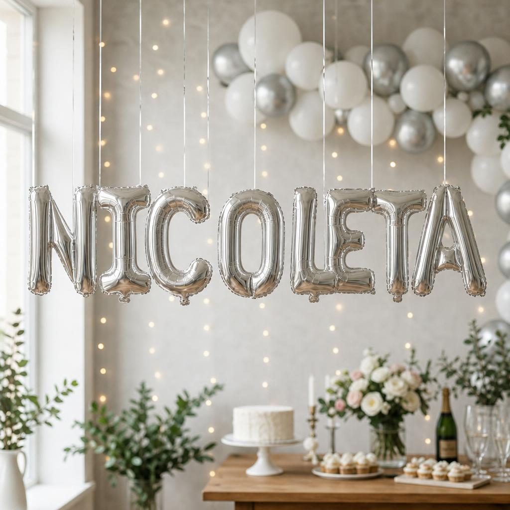 Baloane Folie Metalizate, , Set NICOLETA, Heliu sau Aer, Pai inclus, 40 cm, Argintiu 2