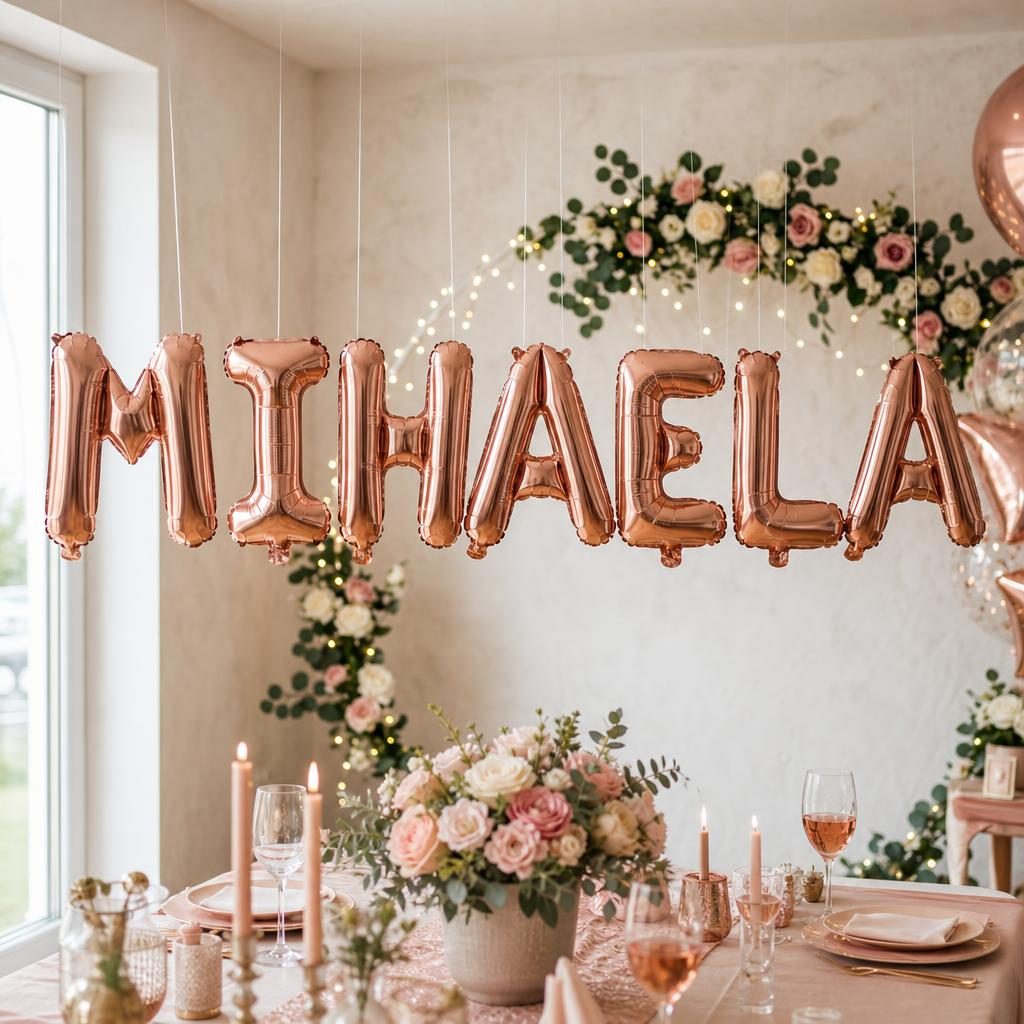 Baloane Folie Metalizate, , Set MIHAELA, Heliu sau Aer, Pai inclus, 40 cm, Rose Gold 2