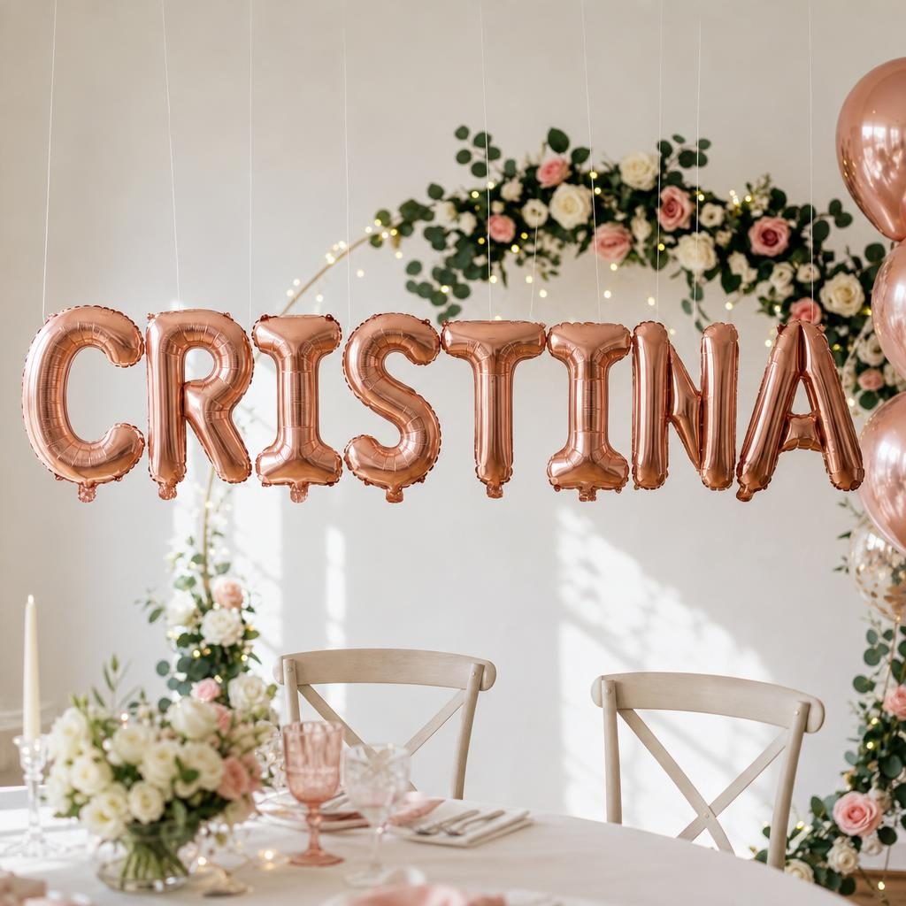 Baloane Folie Metalizate, , Set CRISTINA, Heliu sau Aer, Pai inclus, 40 cm, Rose Gold 2
