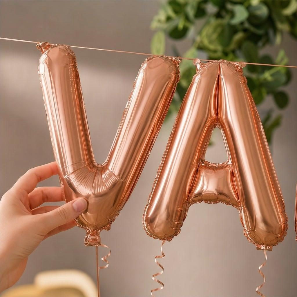 Baloane Folie Metalizate, , Set VALENTINA, Heliu sau Aer, Pai inclus, 40 cm, Rose Gold 3