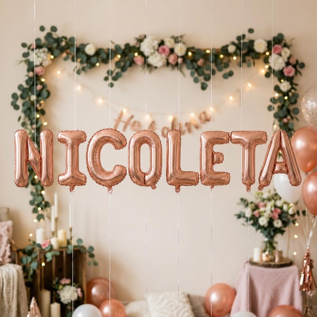 Baloane Folie Metalizate, , Set NICOLETA, Heliu sau Aer, Pai inclus, 40 cm, Rose Gold 2