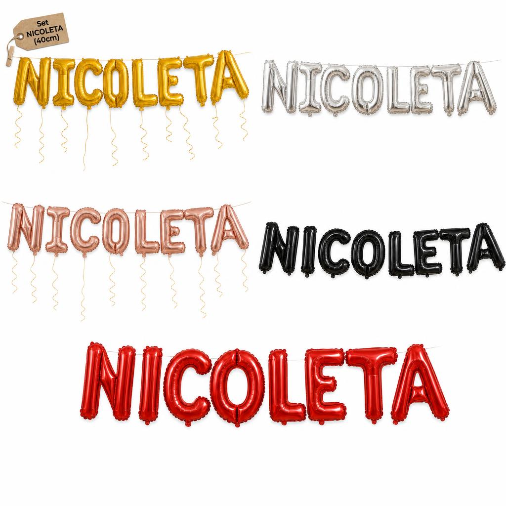 Baloane Folie Metalizate, TOPinStock, Set NICOLETA, Heliu sau Aer, Pai inclus, 40 cm - Imagine