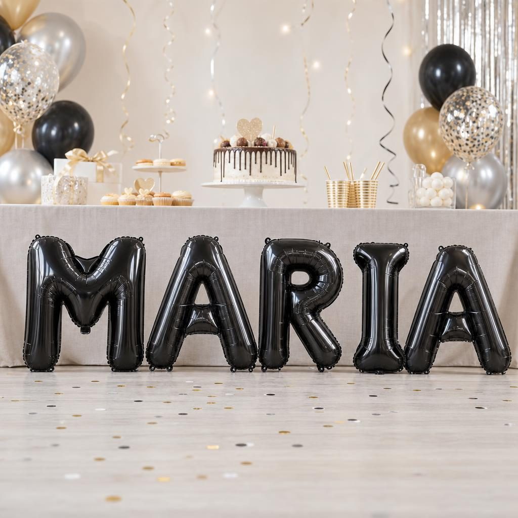 Baloane Folie Metalizate, , Set MARIA, Heliu sau Aer, Pai inclus, 40 cm, Negru 2