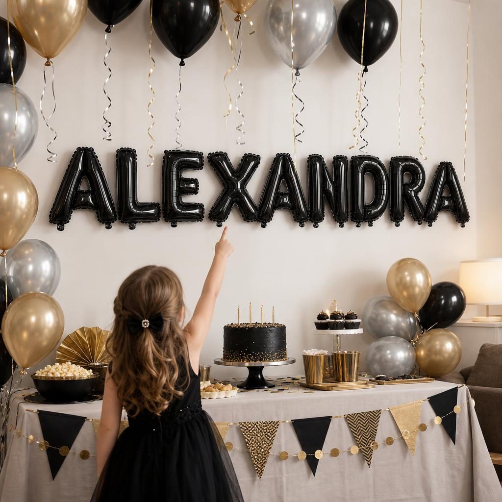 Baloane Folie Metalizate, , Set ALEXANDRA, Heliu sau Aer, Pai inclus, 40 cm, Negru 4