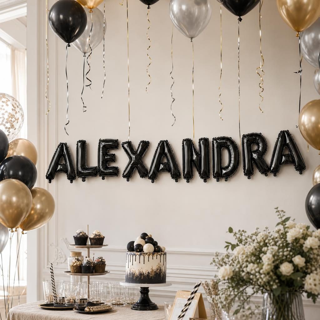 Baloane Folie Metalizate, , Set ALEXANDRA, Heliu sau Aer, Pai inclus, 40 cm, Negru 2
