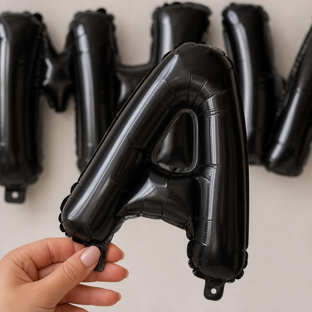 Baloane Folie Metalizate, , Set MIHAELA, Heliu sau Aer, Pai inclus, 40 cm, Negru 3